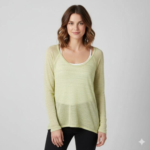 Y2k Aritzia Wilfred Free Knit Top Cropped 2000s Long sleeve Cotton Green Yellow - Picture 2 of 15